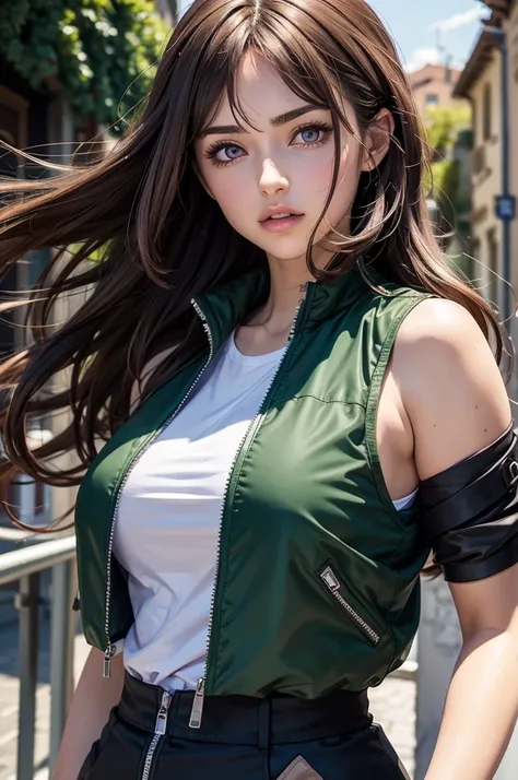 Italian Girl anime version (power to control the wind, purple eyes and light brown medium hair, green and black sleeveless clothes and jacket in Italy)