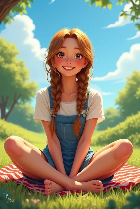 realistc style farm girl with braids and a happy smile, vibrant colors, sunny, sitting on a picnic blanket, feet facing camera, naked