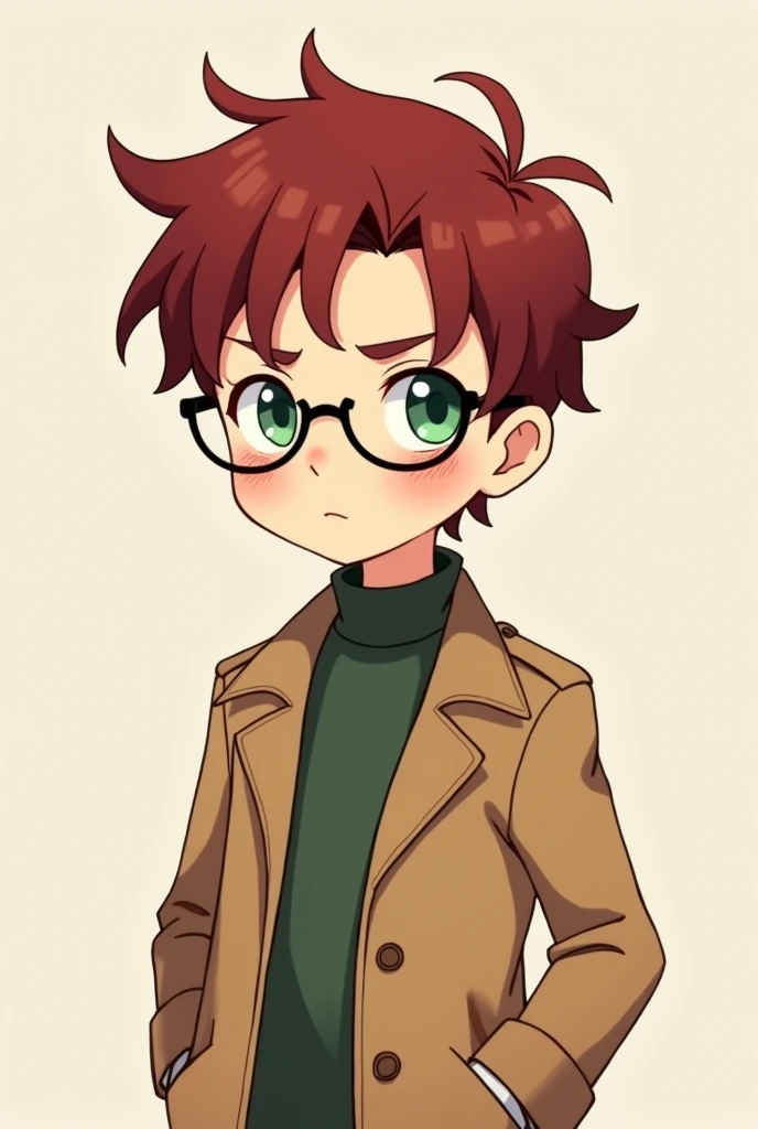 A male character with dark red hair and light green garlic wearing a trench coat and glasses, an adorable anime appearance

