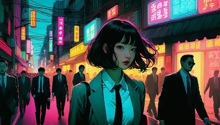 An illustration、art、Horror, Supervised by Junji Ito、Attention to detail, Realistic shadows、Analog Style, chromatic aberration, Surrealism、suit、Overall image、bustling street、Neon Light