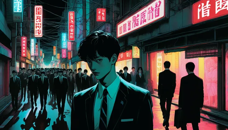 An illustration、art、Horror, Supervised by Junji Ito、Attention to detail, Realistic shadows、Analog Style, chromatic aberration, Surrealism、suit、Overall image、bustling street、Neon Light