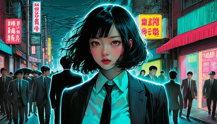 An illustration、art、Horror, Supervised by Junji Ito、Attention to detail, Realistic shadows、Analog Style, chromatic aberration, Surrealism、suit、Overall image、bustling street、Neon Light