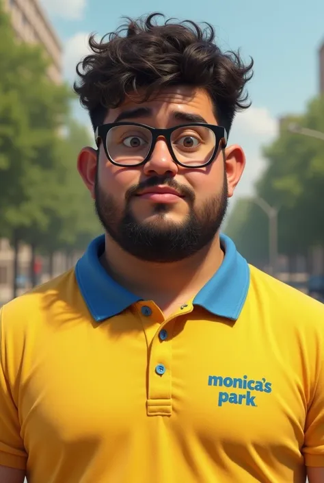 young adult man,short curly hair,rectangular glasses, beard cut very short, fine nose, large body, wearing a yellow polo shirt with a blue collar that says "Monica&#39;s Park" On the chest, small eyes, A little fat, dark light skin