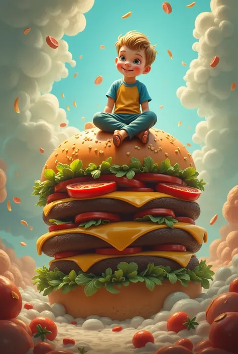 A boy sitting on burger 