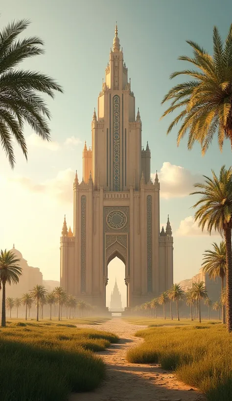 digital art, a majestic domeless Arabian palace with tall columns, looking small from afar in the middle of a desert full of grass and palm trees