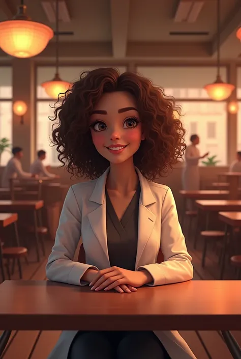 A curly-haired female dentist, of medium build, brunette and in a white coat, sitting in a large cafeteria with Jazz music playing at night, that is elegant and cozy animated style wider the image 