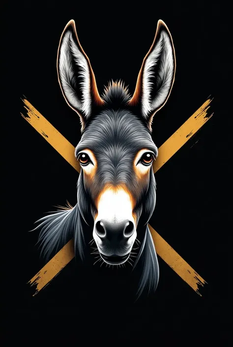 Create a shirt for my school&#39;s school games with a black background and a very large, realistic donkey in the left corner of the shirt and also with two gold stripes crossing the donkey&#39;s head from bottom to top.