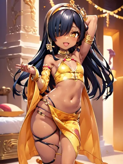 (SLE, mksks style, detailed background:1.1), (solo:1.3), girl, dark skin, ornate arabic dress, long hair, black hair, beautiful hair, (hair over eye), yellow_eyes, happy,head tilt, volumetric lighting, (detailed harem building interior), detailed backgroun...