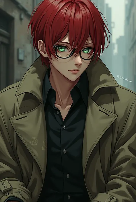 A male character with dark red hair and light green garlic wearing a trench coat and anime glasses with a tender appearance mixed with roughness

