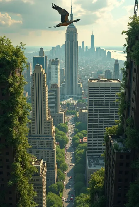 New York City is heavily damaged., buildings are overgrown with plants.  Mechanical bird flies over the city, panorama. View from the sky to the earth