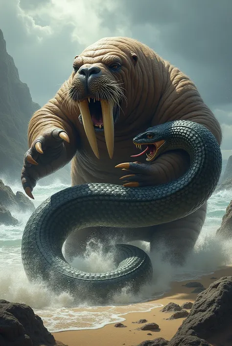 Walrus and snake fight scene 