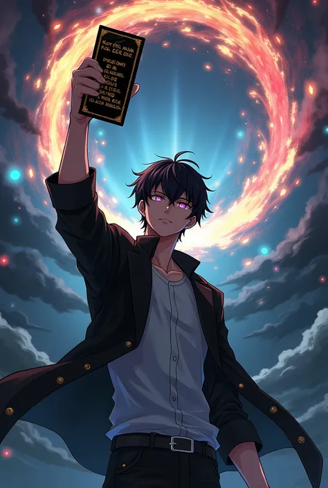 Anime male, high school, black shirt, white shirt, black jacket, holding a black magic card, raising the card to the sky, ancient words on the card, background, black, seven-colored magic circle behind the male