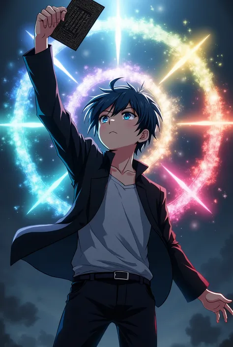 Anime male, high school, black shirt, white shirt, black jacket, holding a black magic card, raising the card to the sky, ancient words on the card, background, black, seven-colored magic circle behind the male