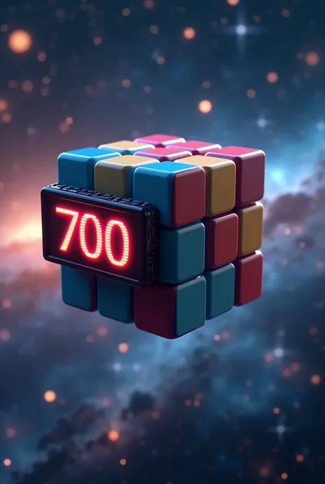 A scrambled 3x3 rubik&#39;s cube, floating, with a galaxy in the background, and the number 700 on a led panel