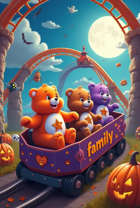 Care Bears riding a roller coaster dressed up for Halloween with the word Family on the back