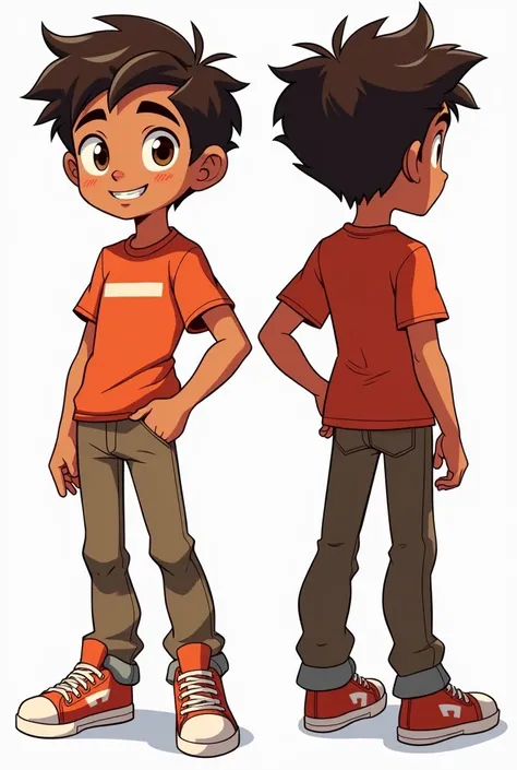 a teenage male character named Caleb Smith. He has brown skin, reflecting his mixed Brazilian and American heritage. His hair is short, slightly messy, and dark brown. Calebs eyes are light brown, filled with a curious and mischievous expression. The chara...