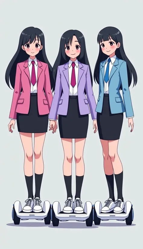 Three young womens, long black hairs, yuri, same height.

The first young women wear a pink suit jacket, white shirt, magenta necktie, black pencil skirt 14 cm, black underpants, black socks, white sneakers high top.

The second young women wore a light pu...