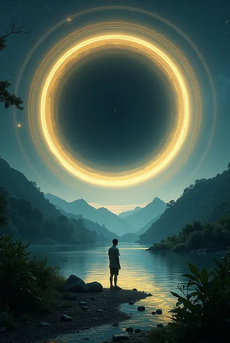 Make an image so real looking that make a river flowing and jungle on other side of river. Make hills on the horizon and make a man standing near river looking at the large black hole with yellow rings around it and rings like of Saturn in dark night and m...