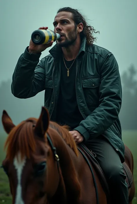 Van dijk necking a bottle of vodka on a horse