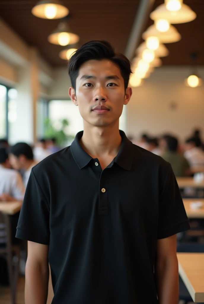 Asian man Age 30 years  wearing black polo shirt looking at camera In the cafeteria 