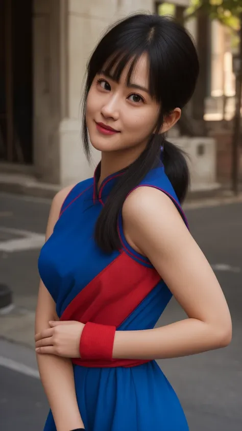 chichi, 1girl, solo, black eyes, black hair, blunt bangs, sidelocks, low ponytail,
china dress, blue dress, sleeveless, red sash...