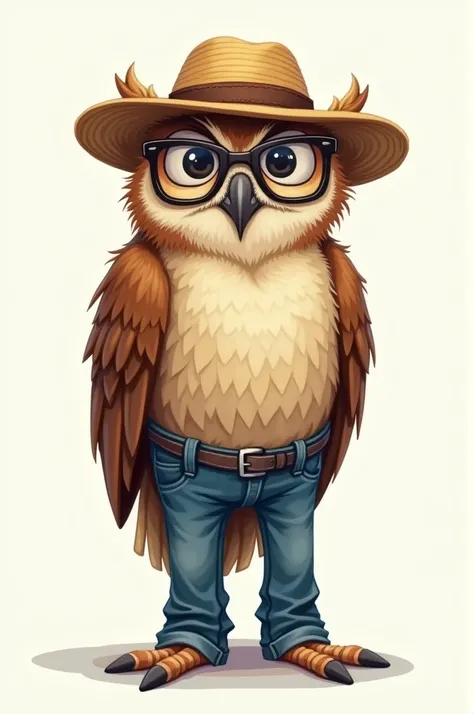 Draw a humanized owl standing thinly wearing jeans and reading glasses, with a straw hat with misaligned tips The character must denote old age and wisdom 