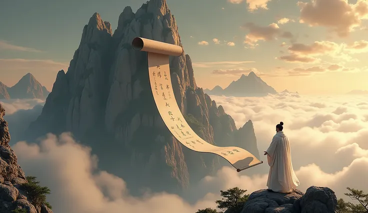 A scroll floating in the middle of the mountain,Then the poet stood on the scroll and thought about life , Wonderful realism, Taoism大师, Taoist priest, flowing white robe, Chinese Fantasy, The wise man is on top, Taoism, 3D rendering and matte,