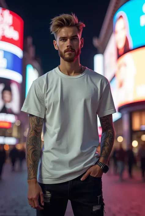 Tall Swedish Man 1,92 tall, age 26. Caucasian White. Looks like Bill Skarsgard. stylish short hair, vintage. tattoos on the body. BIG BLUE EYES. sem beard. Wearing an oversized white t-shirt, oversized. Ripped black jeans. In front of Picadilly Circus, lon...