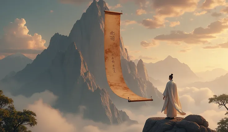 A scroll floating in the middle of the mountain,Then the poet stood on the scroll and thought about life , Wonderful realism, Taoism大师, Taoist priest, flowing white robe, Chinese Fantasy, The wise man is on top, Taoism, 3D rendering and matte,