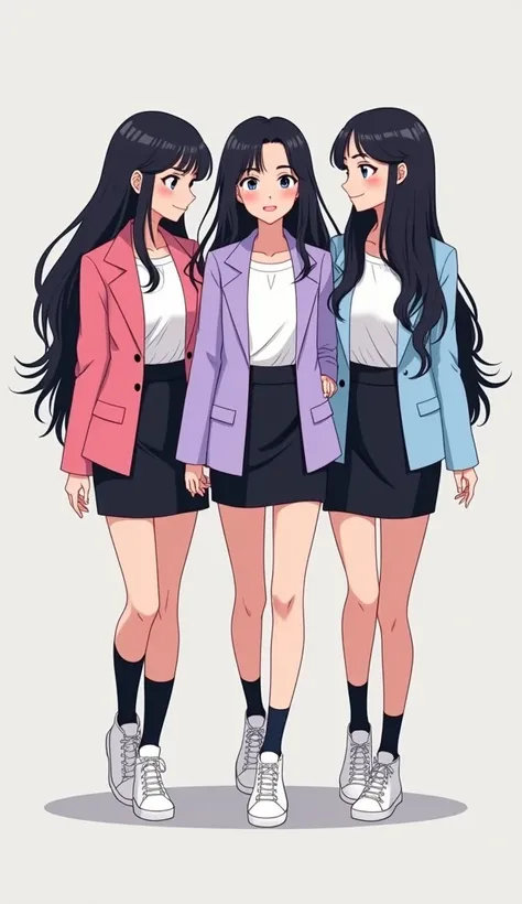 Three young womens, long black hairs, yuri, same height.

The first young women wear a pink suit jacket, white shirt, black pencil skirt 14 cm, black underpants, black socks, white sneakers high top.

The second young women wore a light purple suit jacket,...