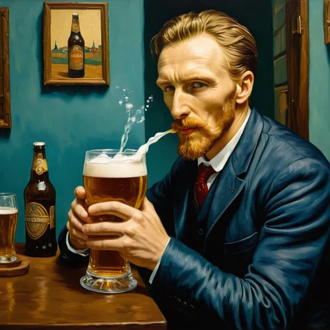 (Stunning acrylic painting by vincent Van Gogh) of a man drinking a beer glass in his right hand, beer glass foam is verry pouring , intricate details, masterpiece, best quality