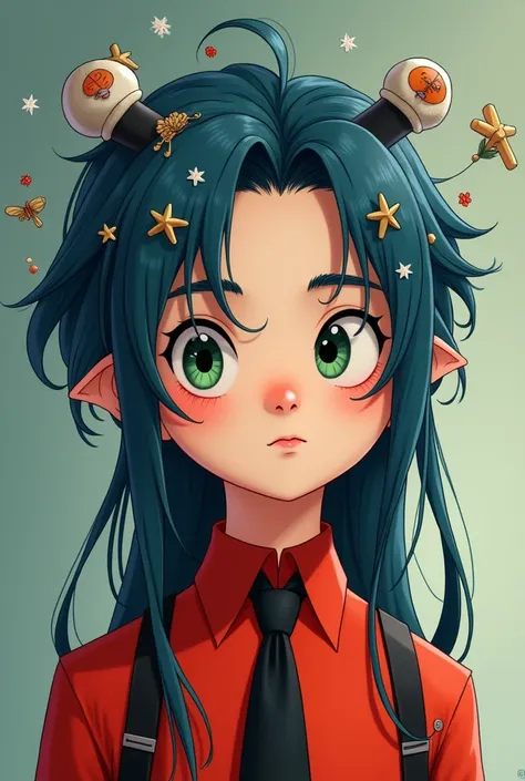 A  boy with dark green eyes, blue hair to his waist, in a red shirt with a black tie, with many hairpins in his hair, in the Donghua style