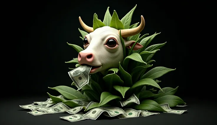 a plant with a cow&#39;s head in a plant pot eating money notes black background, cow plant