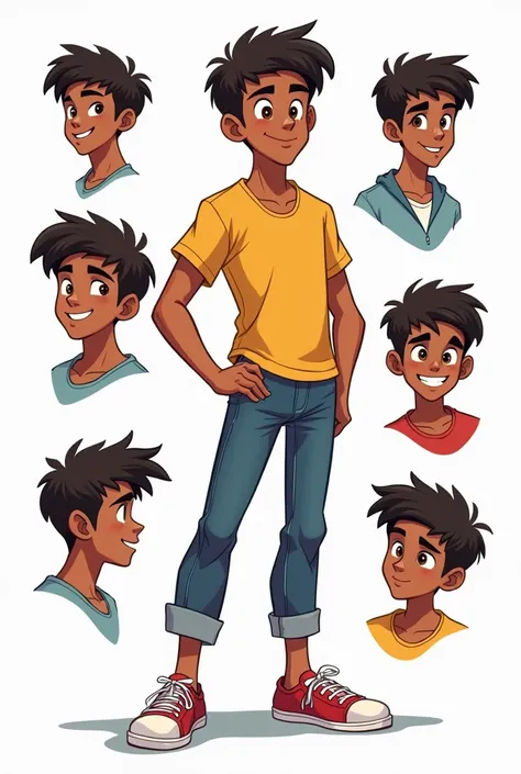 a teenage male character named Caleb Smith. He has brown skin, reflecting his mixed Brazilian and American heritage. His hair is short, slightly messy, and dark brown. Calebs eyes are light brown, filled with a curious and mischievous expression. The chara...