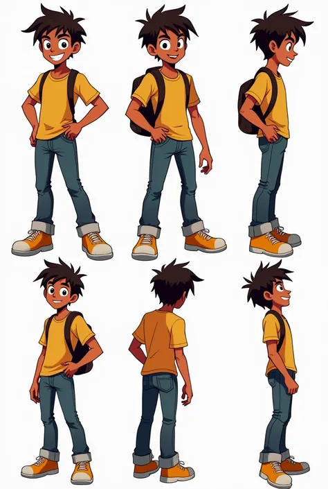 a teenage male character named Caleb Smith. He has brown skin, reflecting his mixed Brazilian and American heritage. His hair is short, slightly messy, and dark brown. Calebs eyes are light brown, filled with a curious and mischievous expression. The chara...