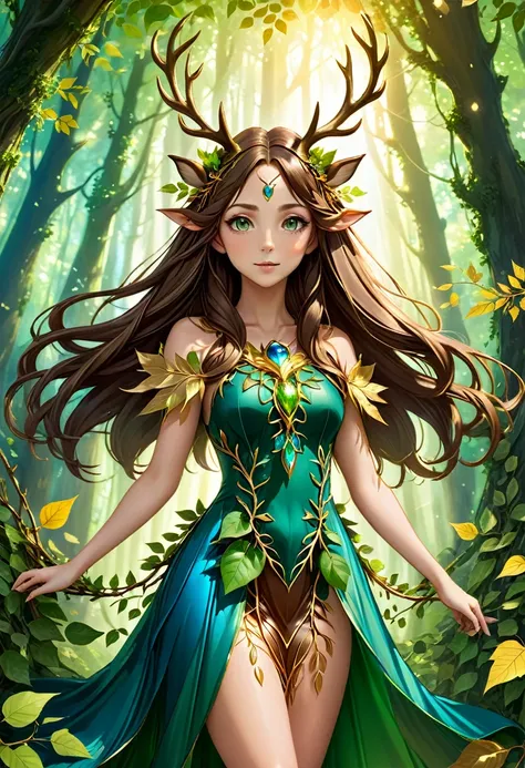 full body portrait of a anime dryad girl with pointy ears, brown antlers on her head and long brunette hair wearing a cute leaf dress made out of brown branches and dark green vines and leaves with some golden accessories, her eyes shine in a bright blue, ...