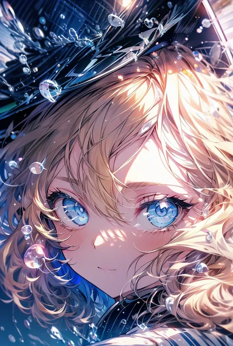 One girl, High-resolution model, Blonde, blue eyes，water droplets，Starlight，