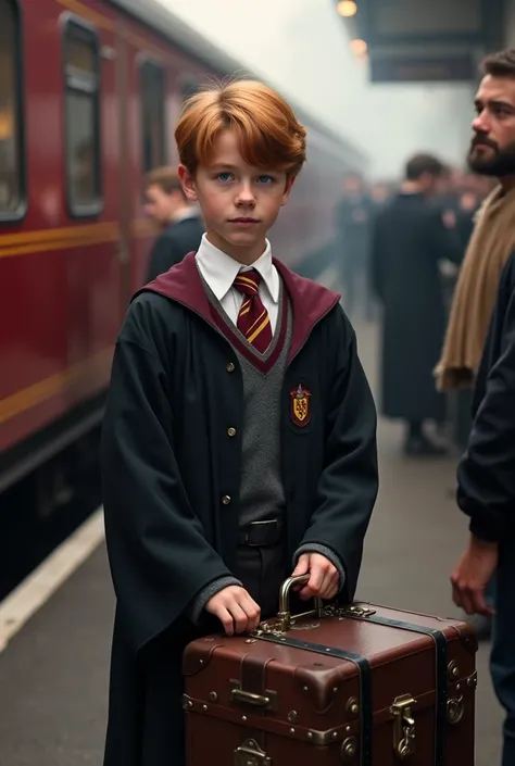 Albus Dumbledore as an eleven year old boy dressed in his Hogwarts uniform Waiting for the Hogwarts Express 