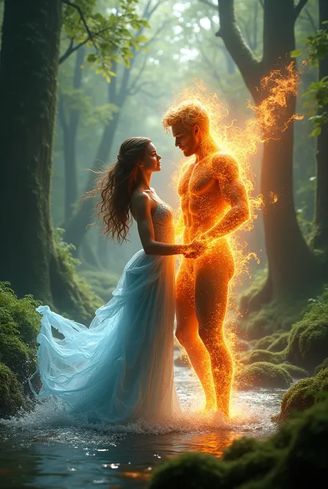 A beautiful water woman and A handsome fire man with human like form dancing in a realistic nature forest make them so amazing and beautiful souls