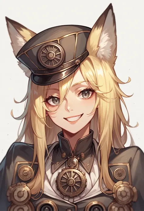 Comics style,a blonde woman with gray eyes, fox ears on her head, evil smile, black and silver steampunk uniform