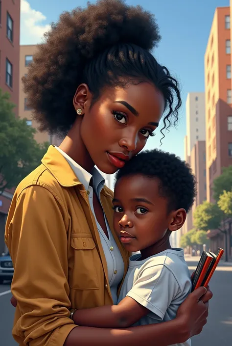 Create an image that resembles a 1 black woman, beautiful curly haired man who is in an urban city, and working as a babysitter during the day taking care of a  straight haired boy, At night she studies to pass the exam and enter medical school. 