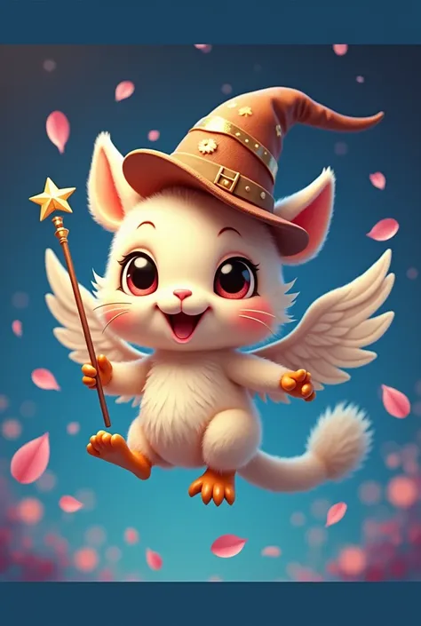 Digital 3D artwork, A cute little griffin with bunny ears holding a magic wand、Wearing a wizard&#39;s hat, Shes flying, Petals are falling around her