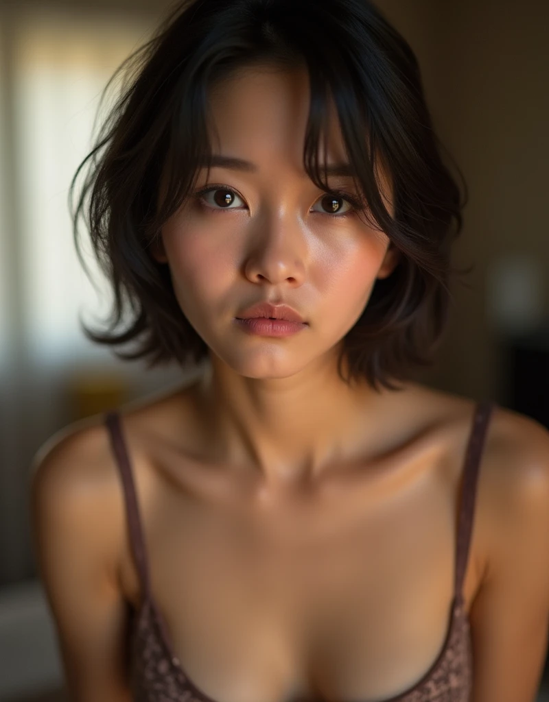 Show an image of an Asian woman smirking at the camera smugly. Provocative, mischievous. Natural beauty, young, short hair. Leaning forward. Cleavage visible. Indoors. Photorealistic.