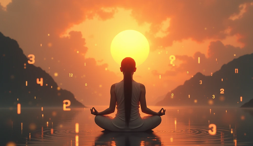 A serene figure meditating under a vibrant sunset, surrounded by ethereal numbers floating in the air, symbolizing reflection and balance, with soft, warm colors and a tranquil atmosphere.