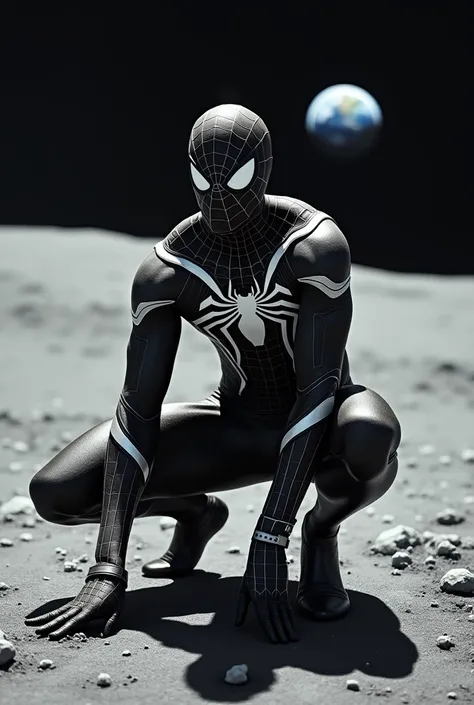 Spiderman on the moon, with black and white clothes