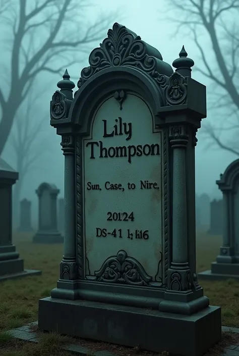 Close-up of an elaborate tombstone in an eerie cemetery, with the name Lily Thompson and the date of death inscribed on it. The atmosphere is dark and misty, with a sense of foreboding as the realization of the ghostly encounter sinks in.