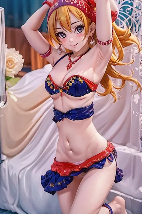 ((best quality)), ((masterpiece)), (detailed), bellydancer ,jewelry, dancing, arabian clothes, colorful clothes, turban/headband, kousaka honoka, curvy body, arms up,plump, thighs, (exposed pussy), panties