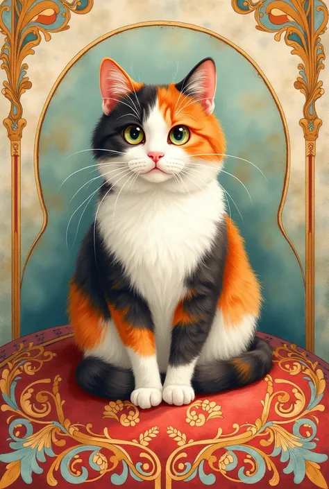 ((masterpiece)), (Highest quality), kawaii,  concept art,Cat sitting on a beautiful carpet, Art Nouveau watercolor, Intricate designs and patterns in the style of Alphonse Mucha，Pastel Background　One calico cat, no humans