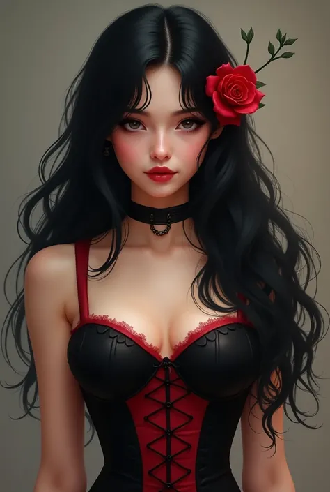 beautiful girl, big wavy black hair, black and red corset dress, with just a rose behind the ear