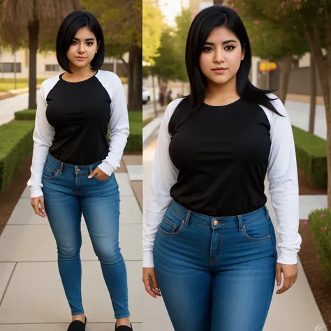 Full body photo, beautiful detailed, cute face, cute mexican teen, skinny, short black hair, black hair over one eye, long sleeve T-shirt, long pants, thick curvy wide hips, solo, High Resolution, Anatomically Correct,